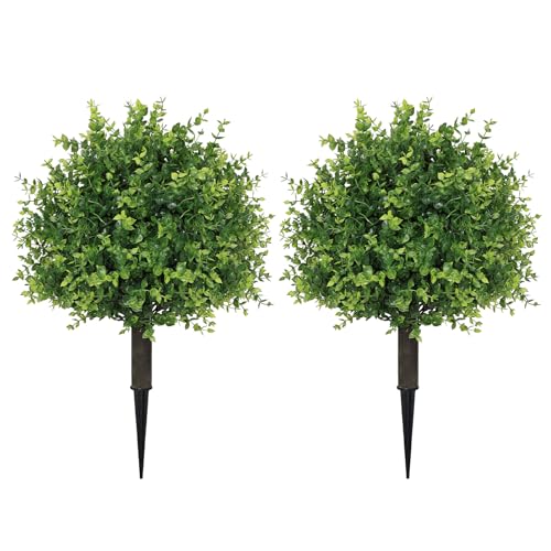 THE BLOOM TIMES Artificial Outdoor Eucalyptus Plants, UV Resistant Fake Bushes & Shrubs with Ground Spike, Faux Topiary for Front Porch Outside Planter Decor Set of 2, Overall 24" - color: Eucalyptus