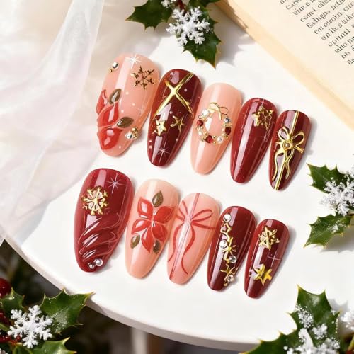 3D Handmade Press on Nails Christmas Fake Nails with Flower Star Designs Winter Xmas Acrylic Nails Red Gold Artificial Nails Gel Glue on Nails Holiday Charm Stick on Fingernails for Women Girls 24Pcs