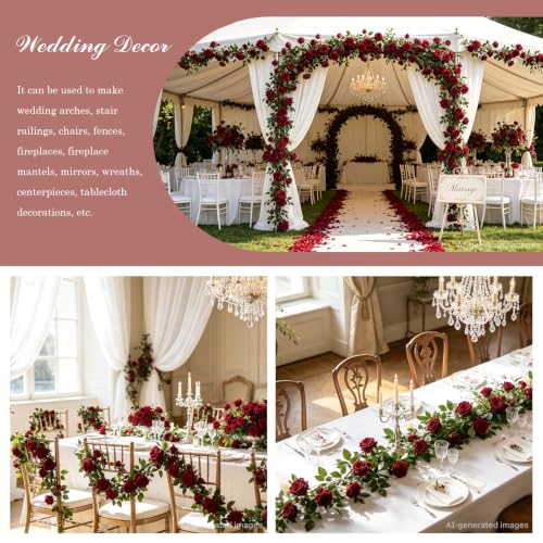 Dallisten 2 Strands 73'' Artificial Silk Rose Flower Vines Garland, Fake Roses Floral Green Leaves Hanging Plant for Wedding Arrangement Decoration, Wall, Party, Bedroom, Home Decor (Burgundy) - color: Burgundy