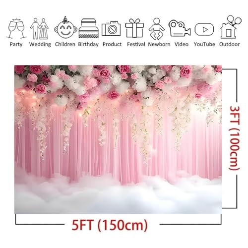 Romantic Pink and White Roses Wisteria Bridal Shower Photo Studio Backdrop Pink Wall Girls Woman Birthday Party Tea Party Baby Shower Anniversary Photography Background(D, 5 * 3feet) - color: D, size: 5*3feet