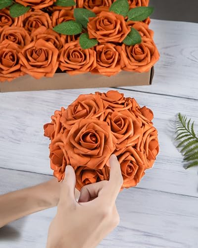 DuHouse 25Pcs Artificial Roses Flowers Fake Rose with Stems Real Touch Foam Flowers for DIY Wedding Bouquet Party Centerpiece Floral Arrangement Party Home Decor(Burnt Orange) - color: Burnt Orange, size: 25pcs