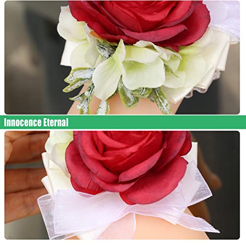 Red Rose Wrist Corsage Bracelets, 6 Pack Artificial Flower Hand Wrist Corsages with White Sheer Ribbon Pearl, Wedding Bridal Bridesmaid Wrist Flower for Prom Party Anniversary Wedding Decor - color: 6red, size: six (flower)