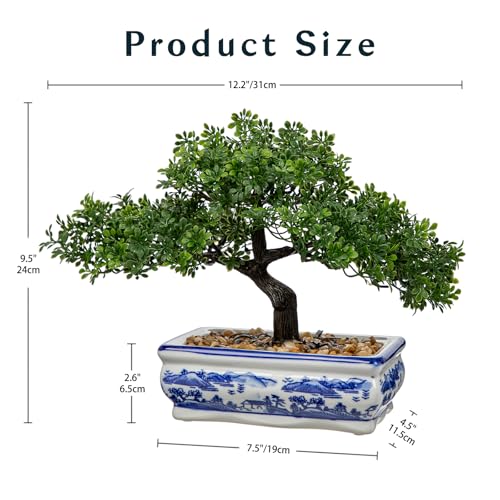Artificial Bonsai Tree with Blue and White Porcelain Pot, Fake Pine Bonsai for Home Office Desk Decor, Oriental Zen Tabletop Decoration, Faux Bonsai Plant for Living Room, Shelf & Gift - style: 7.5" BW porcelain