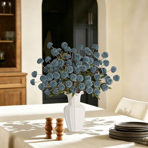 12Pcs Fake Kiku Flowers, Artificial Small Chrysanthemum Balls with Stems, Faux Silk Mini Pompon Mums for Vase Floral Arrangement DIY Bouquets Wedding Party Table Centerpieces Home Decor (No Vase) - color: Blue