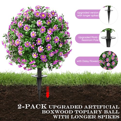 FAJUNZH Artificial Topiary Bushes for Outdoors with Spike, Boxwood Ball Fake Shrubs UV Resistant Faux Plants for Indoor Outdoor Fall Thanksgiving Halloween Decor (Sunflower Boxwood Purple -2 Packs) - color: Sunflower Boxwood Purple