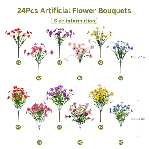 Alupssuc 24 Bundles Artificial Flowers for Outdoors Decoration, UV Resistant Silk Faux Floral Spring Fake Plastic Plants Greenery for Outside Indoor Home Garden Porch Window Box Decor, Mix 6 Colors - color: Red Rose Purple Blue Yellow Pink
