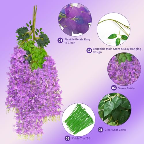 24 PCS Wisteria Hanging Flowers, 3.6ft Fake Wisteria Vines Artificial Wisteria Garland Silk Flower String for Wedding Arch Party Home Ceiling Wall Backdrop Tent Decoration (Light Purple) - color: Light Purple, size: 24 Pack