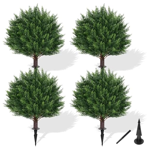 Grooy Artificial Cypress Topiary Tree with Ground Spike, Set of 4 Artificial Shrub Bushes, Fake Evergreen Tree for Porch, Artificial Plants for Outdoor Planters Indoor UV Resistant - color: Cedar Tree 4pc