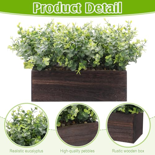 Lyrow 2 Pack Artificial Eucalyptus Plant in Rustic Rectangular Wooden Planter Box Greenery Faux Potted Herb Plant for Indoor Wedding Table Centerpiece(Green,11.4 x 3.7 x 7.8 Inches,Retro Style) - color: Brown, size: 11.4 Inch, style: White Frosted Pointed