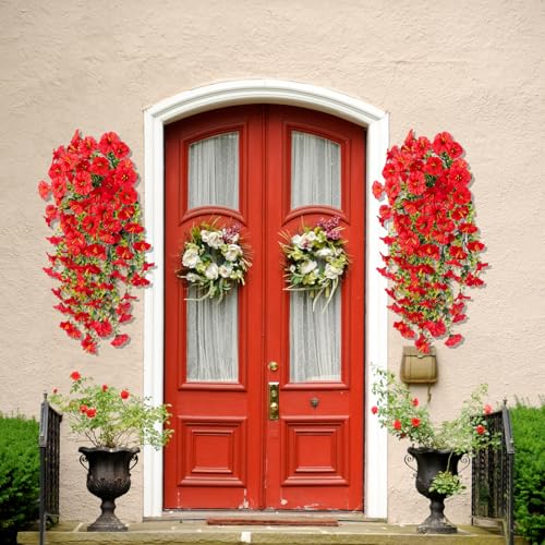 Hanging Morning Glory Artificial Flowers for Outdoors,Faux Plant,Decoration Plastic Flowers for Outside,Garden,Home Decor,Wedding Events,Patio,Porch,Yard(Red,2 Bunches/4Pcs) - color: Red, size: 2 Bunches/ 4Pcs