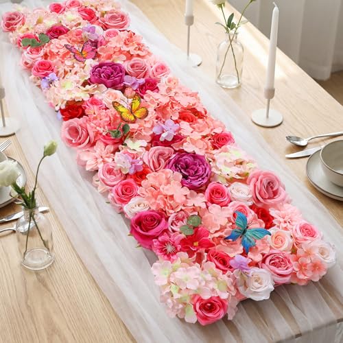 Breling 40 x 14 Inch Artificial Flower Floral Tea Party Table Runner Spring Pink Floral Wonderland Party Decoration Pink Flower Table Centerpiece Afternoon Tea Decor for Spring Bridal Wedding Birthday