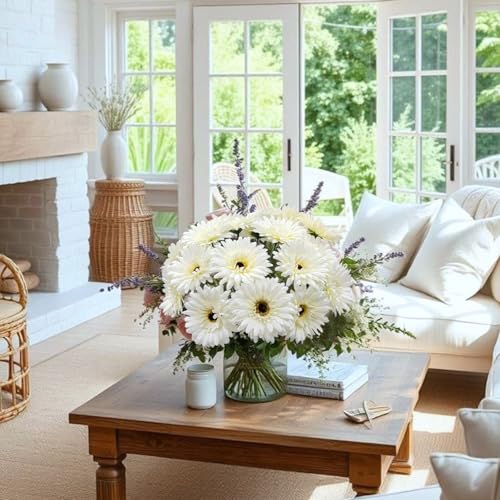20 Pcs Fake Silk Gerbera Daisy Artificial Flowers with Stems Faux Daisies Flower Bulk for DIY Art Crafts Home Wedding Party Vase Centerpieces Tables Garland Wreath Decoration (White) - color: White