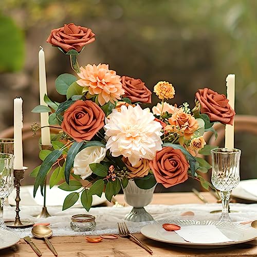 AmyHomie Artificial Flowers Burnt Orange Rose 25pcs Real Looking Fake Roses w/Stem for DIY Wedding Bouquets Centerpieces Arrangements Party Baby Shower Valentines Day Christmas Tree Decorations - color: Burnt Orange