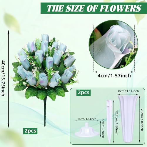Artificial Cemetery Flowers for Grave,2Pack Memorial Roses Bouquets with Vase for Grave Tombstone Decorations(Blue) - color: Blue