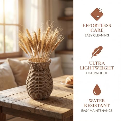 Cabilock Small Rattan Vase for Flowers, 5.7" Rustic Woven Wicker Vase for Boho Home Decor, Imitation Rattan Flower Basket, Farmhouse Desktop Centerpiece for Pampas Grass, Dried Floral Arrangement