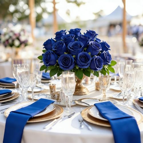 12Pcs Realistic Fake Roses Faux Flowers with Long Stems, Artificial Silk Rose Flowers for Valentines Day Home Wedding Decor Bridal Bouquet (Blue) - color: Blue