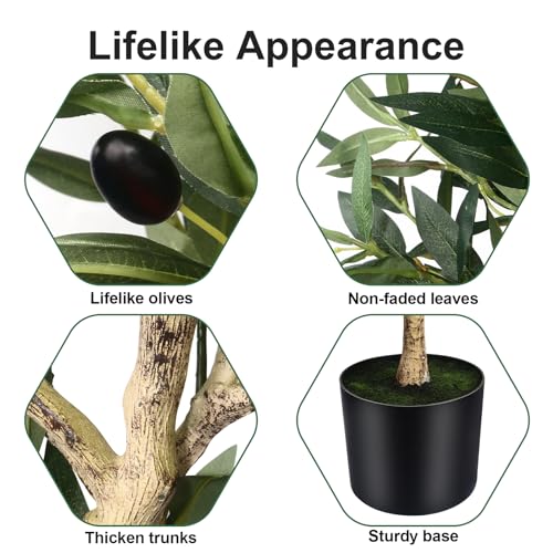 5FT Olive Tree Artificial Indoor - Tall Faux Olive Tree with Wood Trunk and Lifelike Fruits - Fake Plants in Pot for Home Office Living Room Decor - size: 5ft