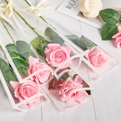 Mauproy 100Pcs Single Rose Sleeves with White Edges, Single Flower Bags with Ribbons Plastic Flower Wrap for Graduation, Flower Bars, Florist Supplies - color: White Edges