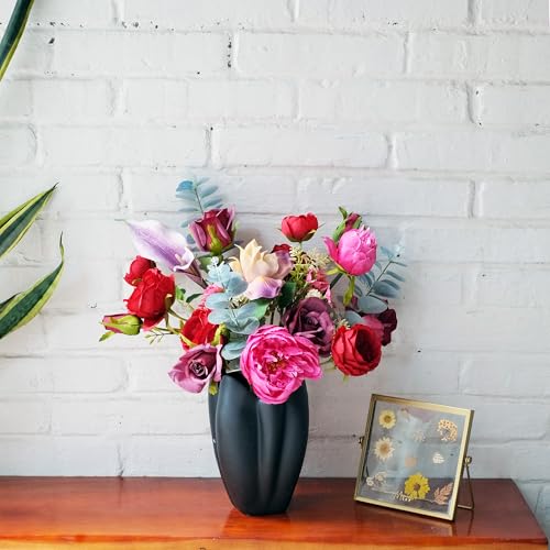 Artificial Flowers Arrangements, Fake Rose & Peony Real Touch Bouquet, Lifelike Faux Floral Assortment Centerpiece for Home Wedding Party Decor (Red & Pink Mixed)