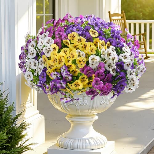 Ivydale 20PCS Artificial Fake Pansy Flowers for Outdoor Spring Summer Decor, Faux Silk Mixed Color Pansies UV Resistant Plants for Front Door Porch Yard Patio Window Box Home Decor - color: Purple Yellow White Gradient Purple Fuchsia