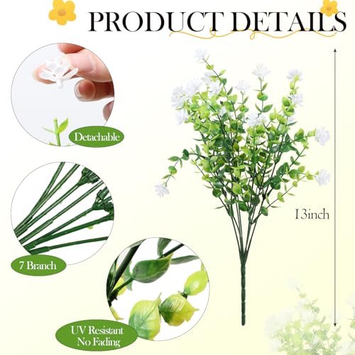 12 Pack Artificial Flowers & Plants for Outdoor Decor - Faux Eucalyptus & Lavender Greenery Shrubs - Fake Plants for Garden, Porch, Patio, Cemetery - Spring & Autumn Home Decoration - color: White