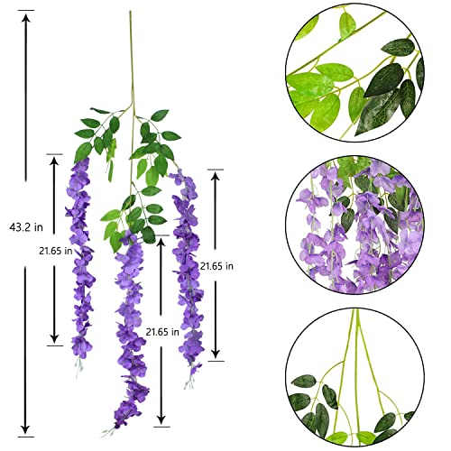 Wisteria Hanging Flowers 24 Pack Artificial Flowers Fake Wisteria Vine Rattan Hanging Garland Silk Flowers String for Party Home Wall Greenery Wedding Decor（Purple） - color: Purple, size: 24 PCS