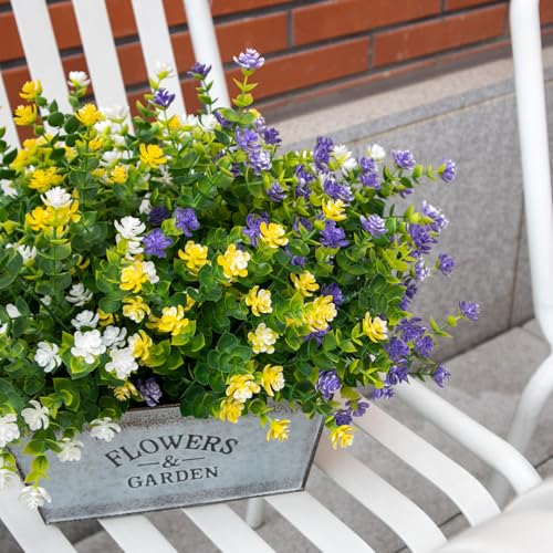 Artificial Flowers for Outdoors, 12 Bundles UV Resistant Artificial Outdoor Flowers, Not-Fading Plastic Fake Flowers for Outdoor Planters for Home Garden Porch Yard Decor, Mixedcolor - color: Yellow+purple+white