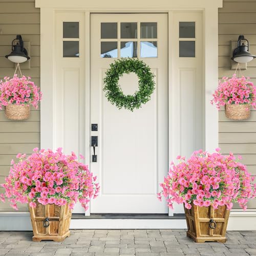 Artificial Flowers for Outdoors 12 Bundles Realistic Faux Plants UV Resistant Fake Silk Morning Glory with Eucalyptus for Front Door Planter Patio Porch Outside Spring Summer Decoration (Pink) - color: Pink