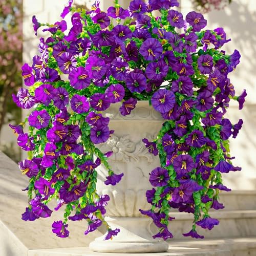 Ivydale 2 PCS Artificial Hanging Flowers Fake Plants Outdoor,Silk Morning Glory Faux Flowers with Eucalyptus Leaves,UV Resistant Realistic Hanging Petunias Plants for Home Garden Decor (Purple) - color: Purple