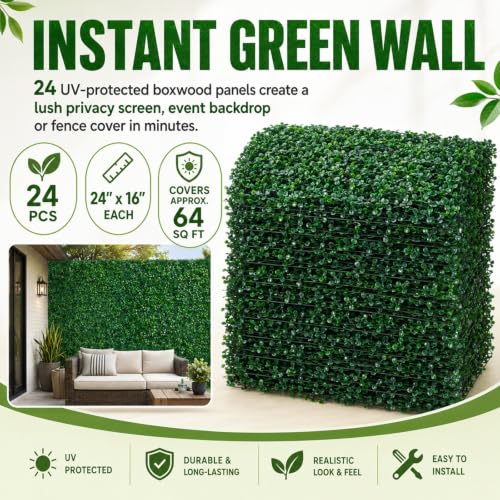 Juexica 24 Pcs Artificial Boxwood Hedge Panels 24" x 16", UV Protected Faux Greenery Wall for Privacy Screen Backdrop Wedding Bridal Shower Birthday Party Patio Fence Decor(16 x 24,24 Pcs) - size: 16 x 24"