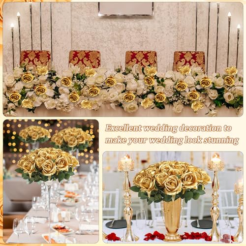 30pcs Fake Roses Artificial Silk Flowers Long Stems Bouquet for Wedding Bridal Shower Party Home Decoration (Gold) - color: Gold