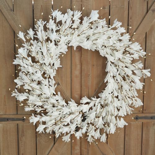 22inch Artificial Forsythia Flower Wreath Spring Summer Fall Wreath Silk Leaves for Front Door Decoration Porch Farmhouse Patio Garden Home Decor (White) - color: White