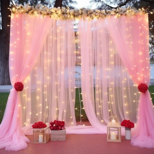 10ft x 8ft Pink Backdrop Curtain with Lights String for Parties, Sheer Tulle Wedding Photo Backdrops Drapes for Baby Shower Birthday Party Decorations Background for Photography - color: Pink, size: W5' x H8'(2 panels)