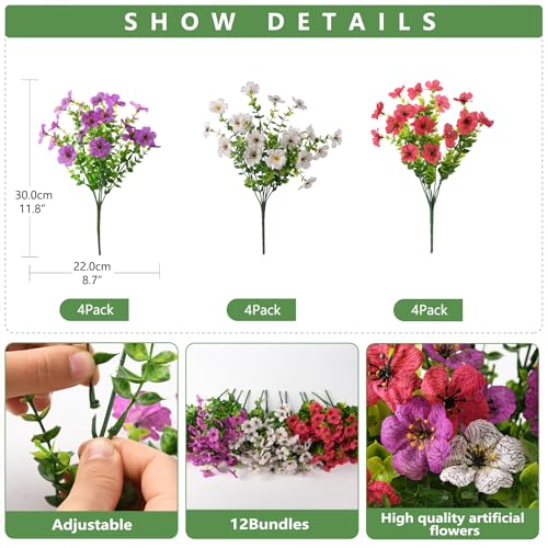 INQCMY Artificial Flowers for Outdoors Faux Plants Fake Flowers Spring Summer Decoration,12 Bundles Faux Silk Colorful Daisy Realistic UV Resistant for Outside Home Planter Window Porch Patio Yard - color: Purple White Rose Red, size: 12 PCS