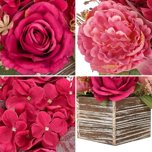 Flower Arrangement with Wooden Vase 8" Artificial Flowers in Pot - Fake Flowers Roses Peonies Hydrangeas in Wooden Vase Potted Artificial Flower Centerpieces for Table Decor Living Room - Hot Pink - color: 8"h Hot Pink
