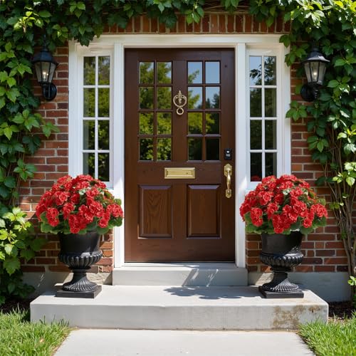 Alupssuc 8Pcs Artificial Geranium Flowers for Outdoors Decoration Silk Floral, UV Resistant Fake Plants, Faux Flower for Porch Garden Table Centerpieces Home Indoor Outside Spring Decor(8, Red) - color: Red