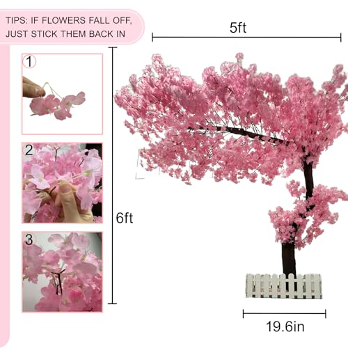 6 ft Tall Cherry Blossom Tree Artificial with Led Light, Handmade Fake Cherry Blossom Tree Pink Flowers for Indoor Outdoors, Wedding Decor - size: 6ft 0in