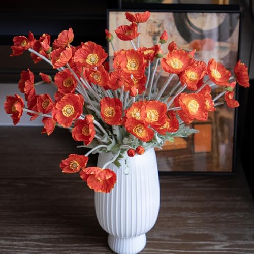 Lifelike Artificial Poppy Flowers, 8 Stems Silk Bouquet with Flocked Stems & Leaves – for Wedding Centerpieces, Home Decor, Table Arrangements - color: 8pcs Orange Red