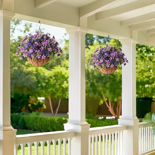 INQCMY Artificial Hanging Flowers for Outdoors, 5 Bundles UV Resistant Artificial Hanging Baskets,All Weather Fake Flowers for Patio, Porch, Yard, Window Box,Home for Spring Summer Decoration. - color: Light Red Purple
