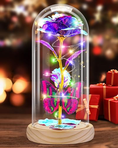 Otlonpe Preserved Artificial Rose Flower Lamp, Forever Women Gifts for Birthday Christmas Valentines Mothers Day, 7.7'' Glass Rose Wood Base Butterfly, Gifts for Mom Grandma Daughter Wife Girlfriend - color: Wood Purple
