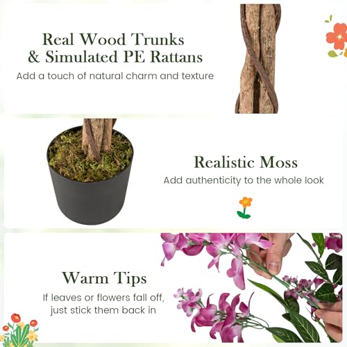 Goplus 5.5FT Ficus Artificial Tree, Faux Wisteria Tree in Nursery Pot with Blooming Flowers, Fake Potted Tree Greenery Floor Plant for Indoor Home Office Porch Living Room Decor - color: Rosy, size: 5.5ft
