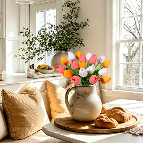 Beferr 18pcs Tulips Artificial Flowers Faux Tulip Real Touch Tulip Fake Flowers Bouquets Arrangements for Mothers Day Spring Easter Wedding Home Table Decor - color: C-18pcs-3colors-colorful-3, size: 18PCS