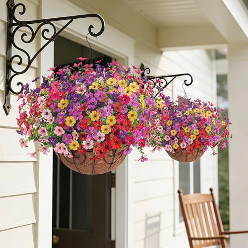 HyeFlora 2 Set Artificial Outdoor Flowers Hanging Basket, Faux Hanging Plants for Outside Spring Decoration, Fake Silk UV Resistant Look Real Daisy for Porch Patio Home Decor - color: 6 Multicolor