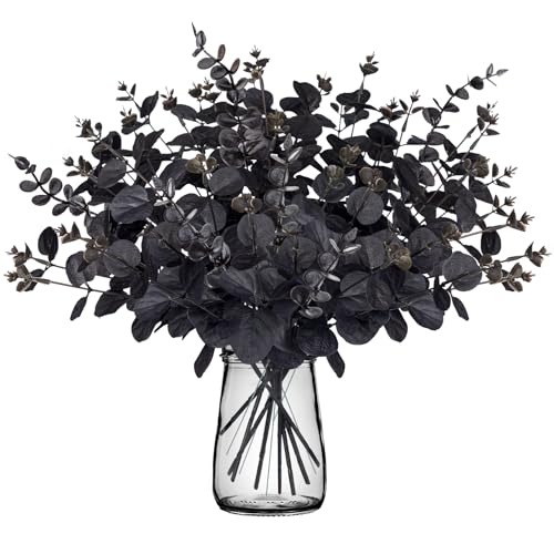 Yen Jean 20PCS Black Halloween Decor Artificial Flowers Bulk - Eucalyptus Stems Branches Decorations for Table Indoor Centerpieces Party Supplies - style: Black