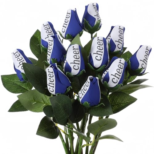 Suhine 12 Pcs Blue Cheer Gifts Cheerleader Cheerleading Artificial Rose Flowers Gifts Bulk for Women Cheer Team Sport Game Day Birthday Graduation Party Decorations Favors(Blue White, Normal) - color: Blue White, size: Normal