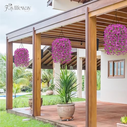 Artificial Hanging Flowers for Outdoors Spring Summer Decoration, 4PCS UV Resistant Silk Fake Hanging Plants for Patio Porch Front Yard Window Garden Indoor Decor(Purple,4PCS) - color: Purple, size: 4PCS