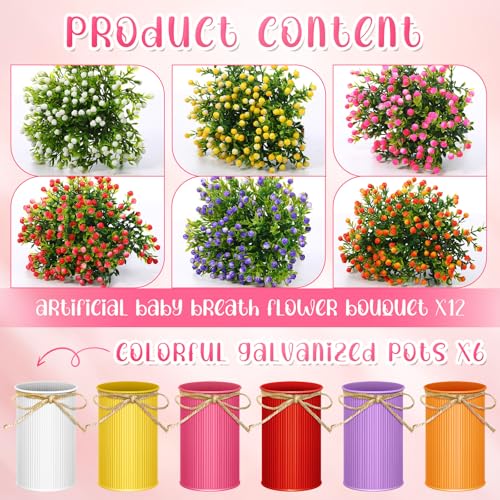 Maxdot 6 Pcs Flower Centerpiece for Table Summer Artificial Berry Flowers with Metal Vase Colorful Potted Faux Milan Floral Arrangement Spring Summer Table Decor for Home Wedding Dining Room Kitchen - color: Retro