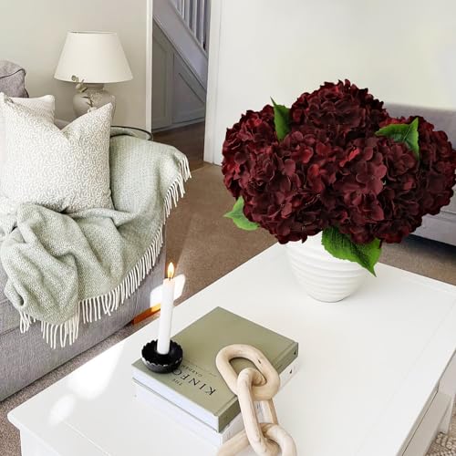 JINWOE 5Pcs Burgundy Silk Hydrangea Artificial Flowers, 20Inch Large Lifelike Flowers,Halloween Christmas Artificial Hydrangeas for Indoor Bouquet Table Centerpieces Floral Arrangements Home Wedding - color: Burgundy