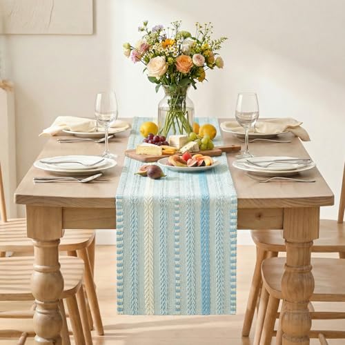 Artoid Mode Sky Blue Farmhouse Woven Table Runner, Seasonal Holiday Rustic Kitchen Dining Table Decoration for Home Party Decor 12x72 Inch - color: Sky Blue, size: 12" x 72", Table Runner
