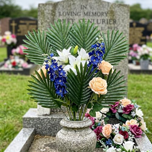 24 PCS Artificial Fern Stems - Silk Green Fern Cemetery Flower Leaf,Faux Cemetery Palm Leaves with Stems,Fake Palm Fronds Greenery Stems Fern Leaves for Cemetery Saddles Headstone DIY Floral Decor - size: 24pcs
